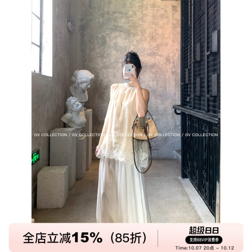 飘带蕾丝拼接前后两穿无袖上衣