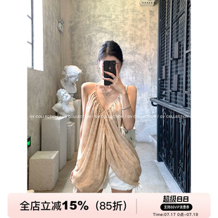 GV大白哥 南法艺术生 金丝暗纹褶皱V领雾纱吊带背心设计感上衣女