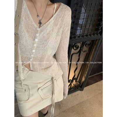 GV大白哥 透气清冷 天丝亚麻针织防晒镂空纽扣开衫微透V领上衣女