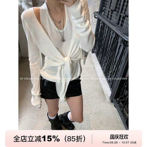 超绝纸片感假两件系腰针织上衣