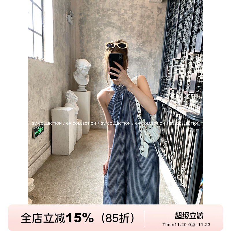 GV大白哥 氛围特调 交叉削肩牛仔棉A字宽松连衣裙条纹法式长裙女
