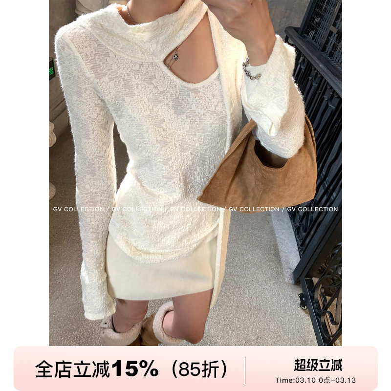 GV大白哥 矜贵姐调 立体肌理感飘带磨毛蕾丝上衣春季新款百搭女