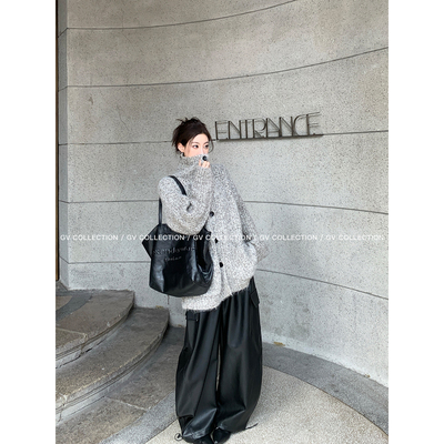 翻领立领混色棒针廓形毛衣