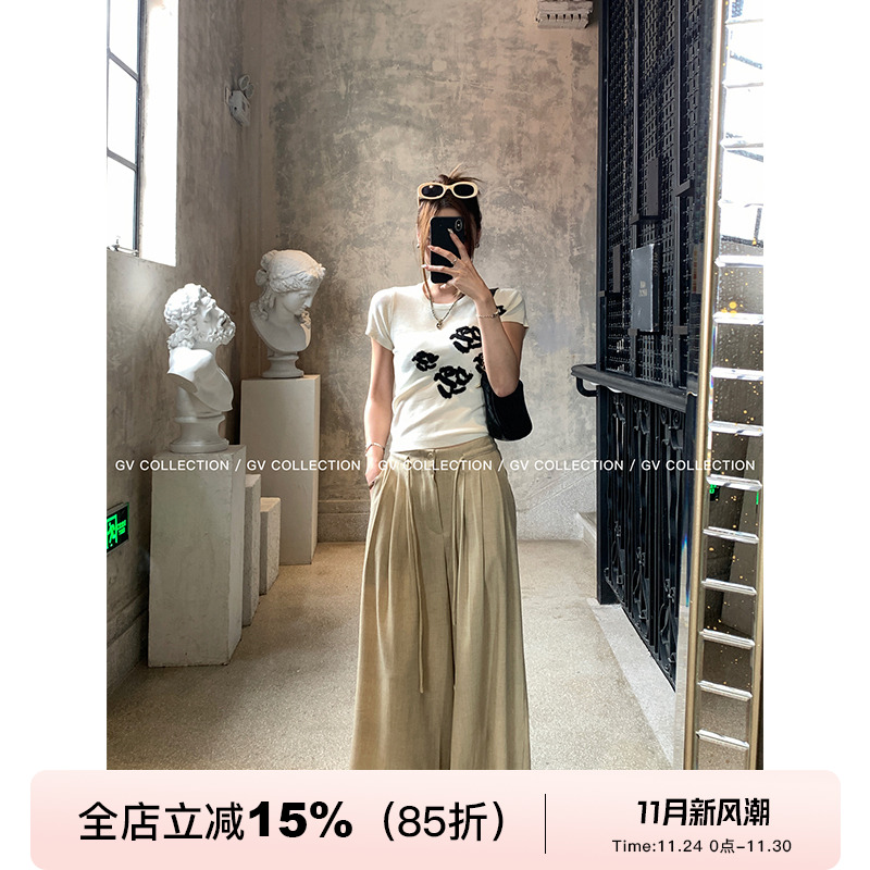 GV大白哥 慵懒智系 天丝羊毛抽绳打褶宽松西裤松弛阔腿休闲裤女