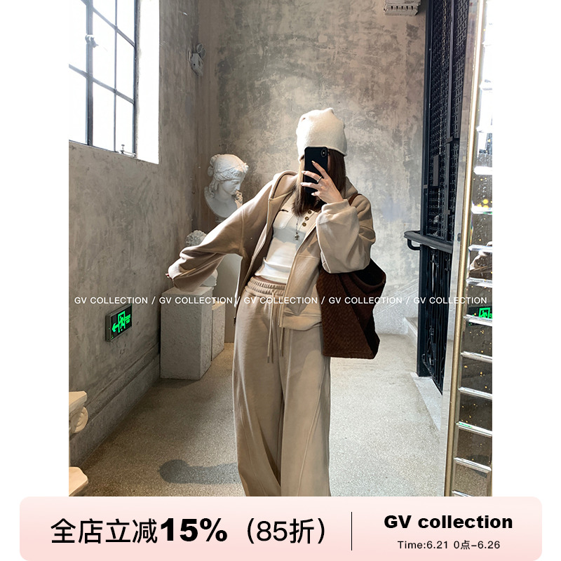 GV大白哥 一套出门 慵懒氛围奥粒绒加厚连帽卫衣休闲长裤套装女
