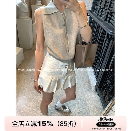 多色polo领无袖轻薄针织上衣