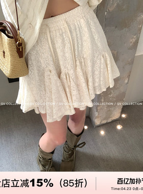 GV大白哥 香颂奶糕 miu系蕾丝百褶休闲弹力抽绳半身裙春新款裙子