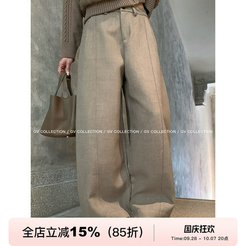 直筒竖线阔形毛呢休闲西裤