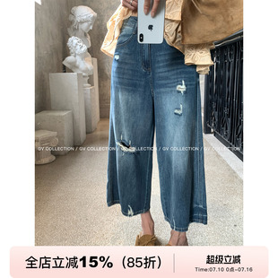 GV大白哥 夏日丹宁 水洗撕破轻薄牛仔七分牛仔裤夏季新款裤子女