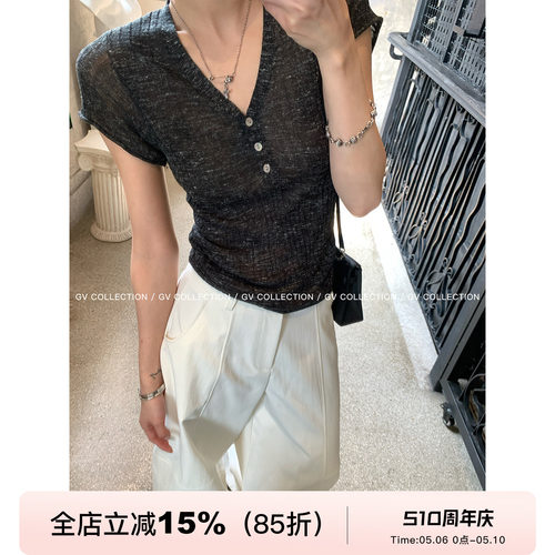 清透亚麻V领针织清透混色上衣