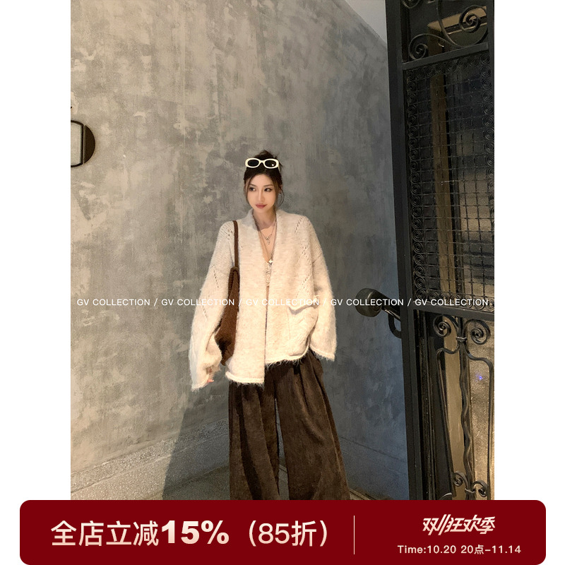 绒感羊毛大口袋廓形针织披肩开衫