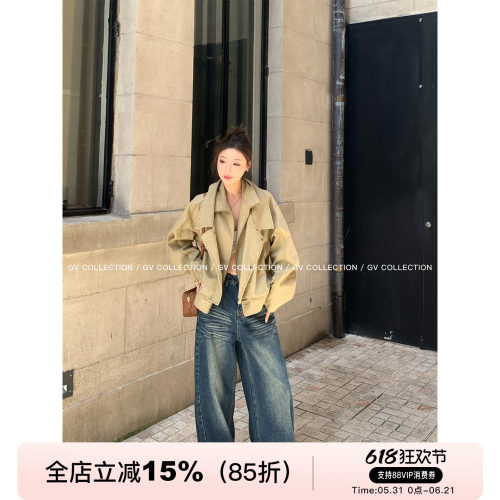 水洗卡其复古短款牛仔外套