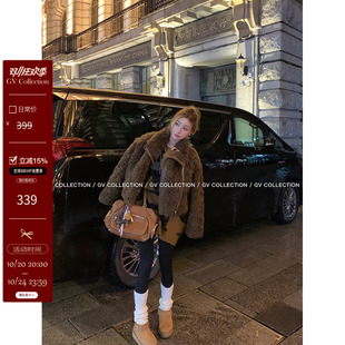 GV大白哥 美式圈圈 复古拼皮领环保毛外套简约风休闲毛绒上衣女