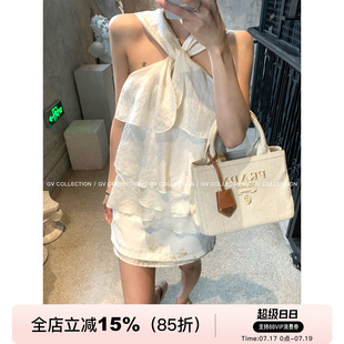 GV大白哥 佩里白茶 交叉肩带天丝露肩荷叶设计感无袖背心上衣女夏