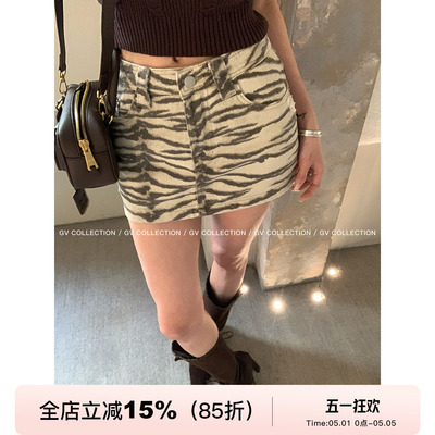 豹纹磨破牛仔半身裙防走光