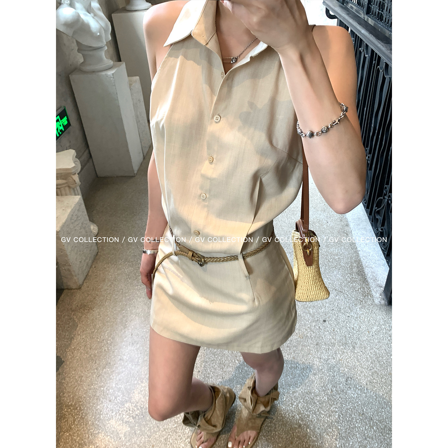 GV大白哥 复古港腔 天丝亚麻立领收腰复古连衣裙夏季新款女夏裙子