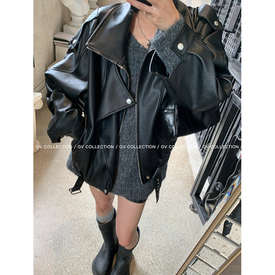 GV大白哥 独线匠心 质感J佳翻领廓形皮衣街头风简约外套上衣女