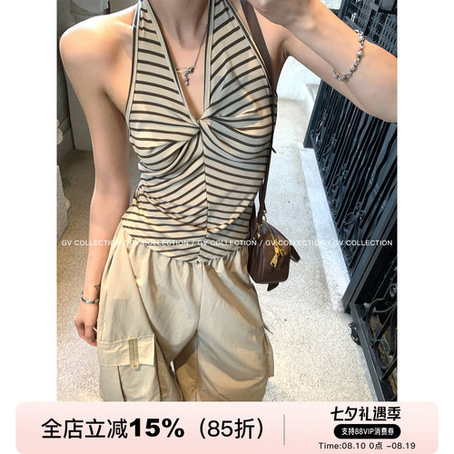 弹力挂脖露背莱赛尔纽结显瘦背心