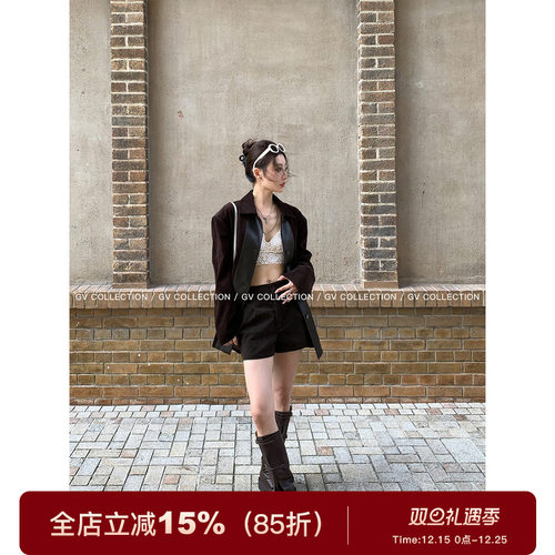 拼皮翻领高级感宽松西装短外套