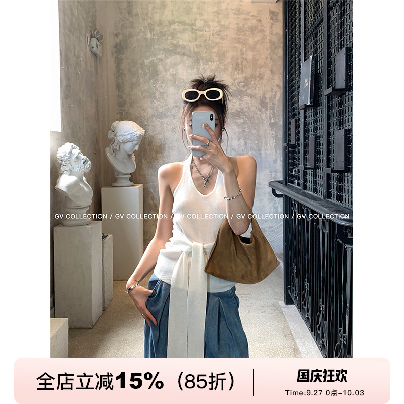 简约调挂脖针织收腰打结背心