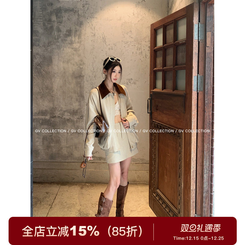 格纹撞色呢感polo领外套半身裙裤