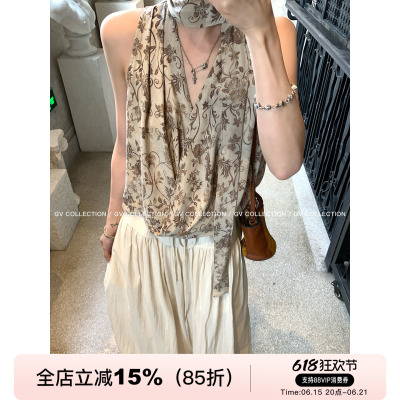 莱赛尔人丝花卉印花挂脖V领背心