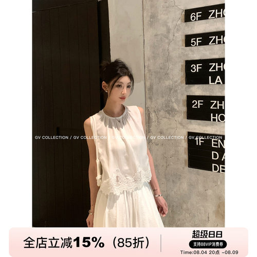 天丝棉麻立体蕾丝花边圆领背心
