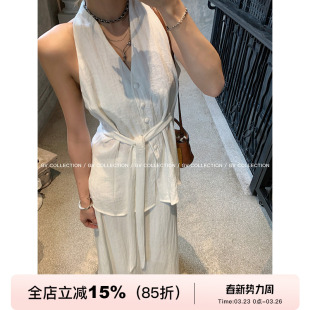 女 亚麻马甲收腰背心褶皱垂坠感直筒半裙套装 GV大白哥 高智日常