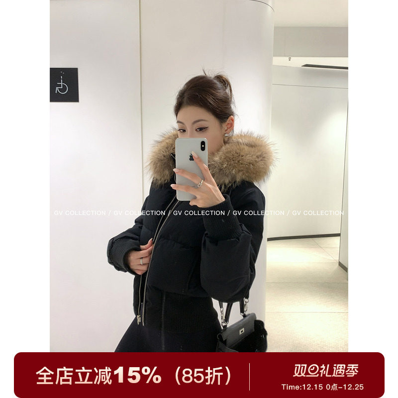 GV大白哥 深冬肯豆 真狐狸毛领蓬松90绒羽绒短款加厚上衣女