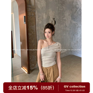 美式 小衫 city 饰不规则上衣基础百搭修身 斜肩镂空金属装 GV大白哥