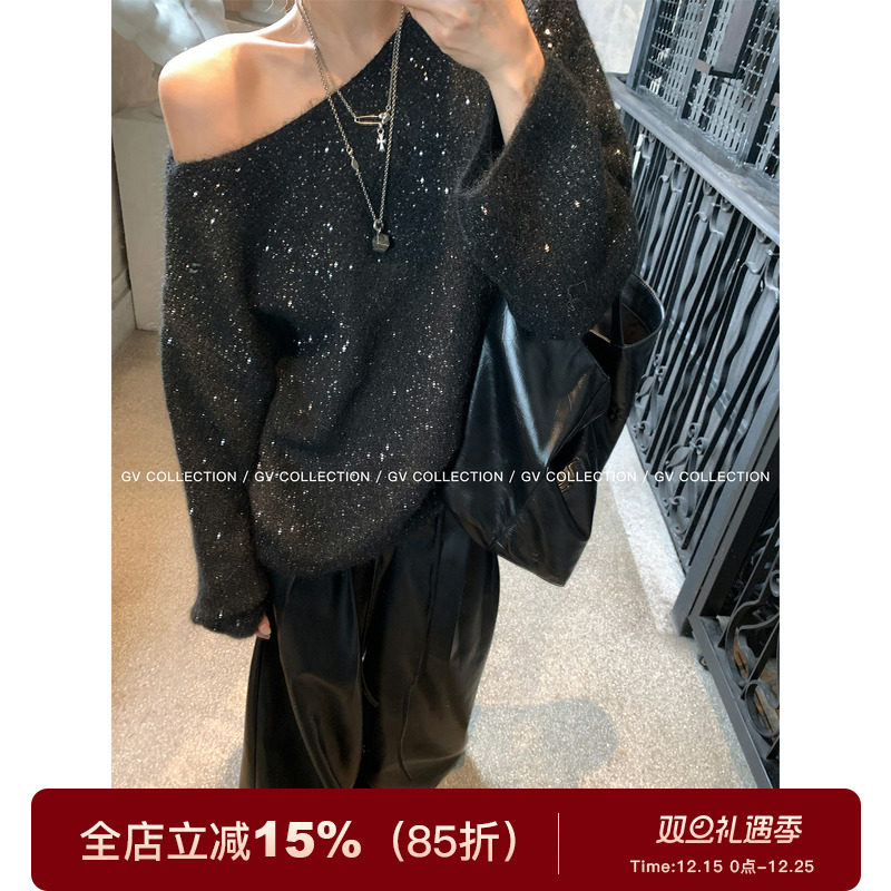 星陨入夜露肩细闪柔软羊毛毛衣