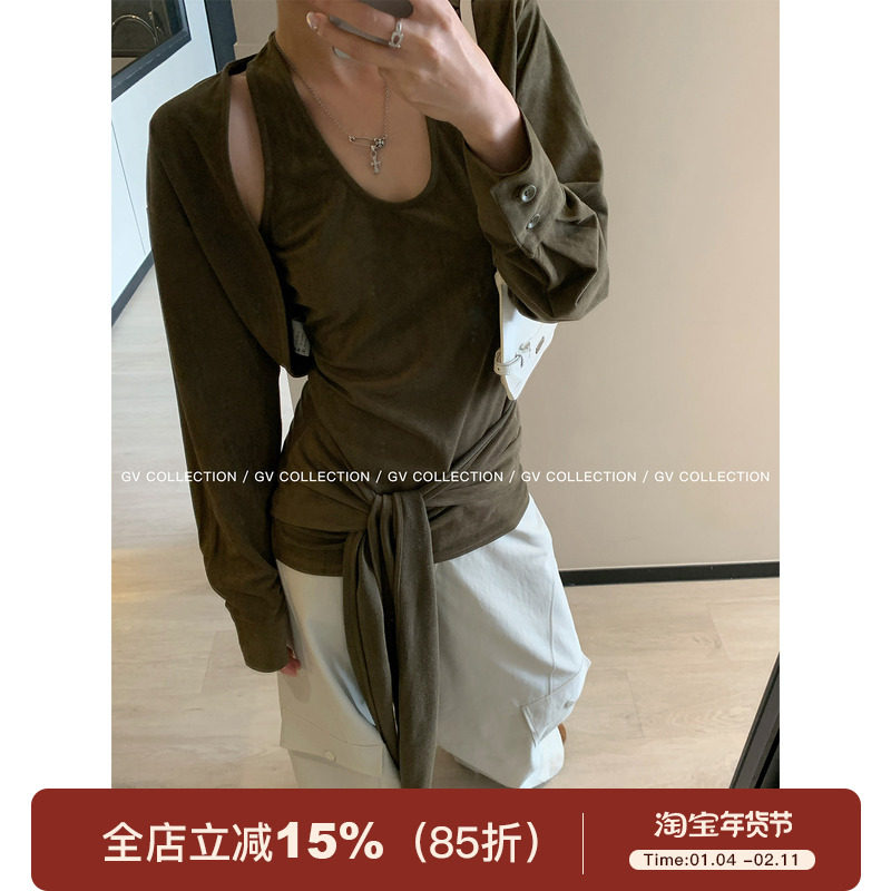 GV大白哥 小众私服 麂皮打结设计背心开衫披肩两件套早秋穿搭女,女装/女士精品,时尚套装,淘宝优惠券,粉丝福利购,淘宝优惠卷