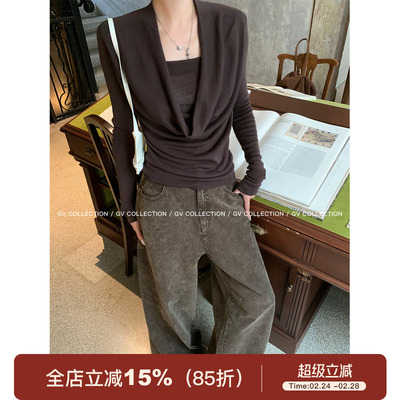 假两件荡领针织上衣百搭