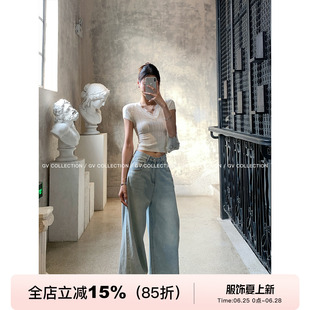 GV大白哥 清淡奶油 肌理针织蕾丝拼接修身短袖上衣春夏新款辣妹