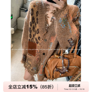 GV大白哥 重工皮标 破碎流苏加厚撞色毛衣宽松开衫冬季外套女