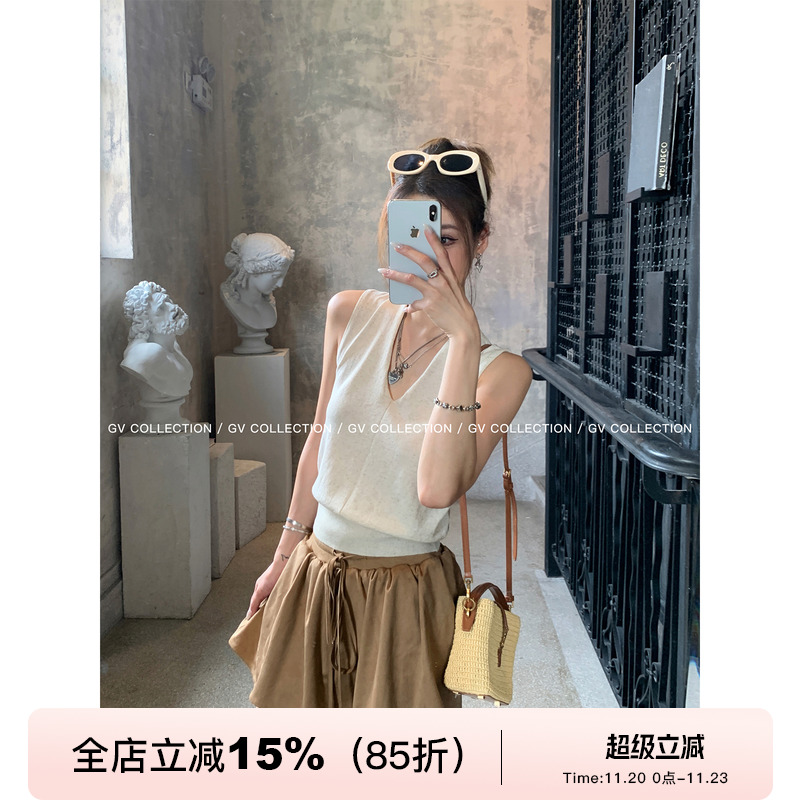 亚麻莱赛尔V领针织背心上衣