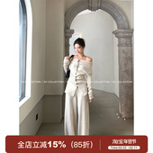 女百搭上衣裤 GV大白哥 子 秋季 新款 清冷淡人 纽扣露肩针织套装