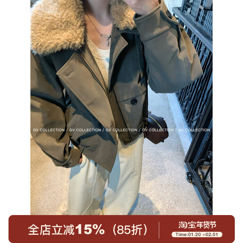 GV大白哥 复古美式 毛领拼接军绿肌理皮质夹棉加厚冬季上衣女,女装/女士精品,派克服,淘宝优惠券,粉丝福利购,淘宝优惠卷