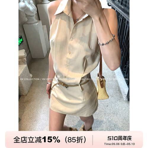 天丝亚麻立领收腰复古连衣裙