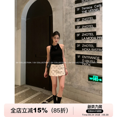 亚麻波点半身裙防走光裙裤