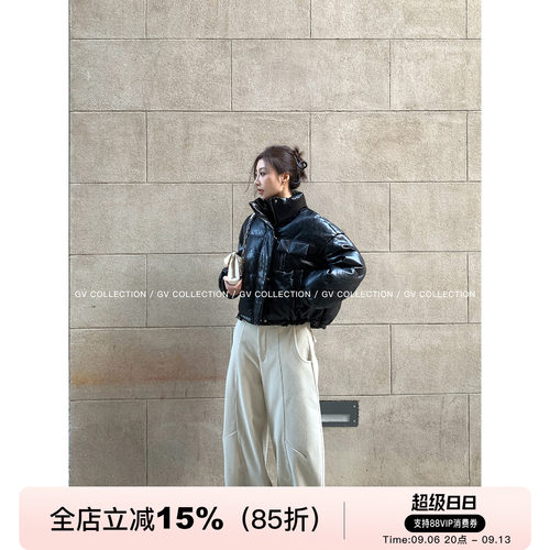 90白鸭绒短款羽绒立领皮面外套