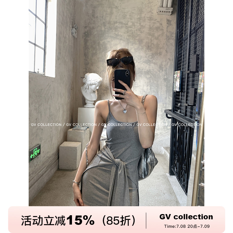 GV大白哥 元气夏日 设计感小众带胸垫系腰假两件连衣裙吊带裙女夏