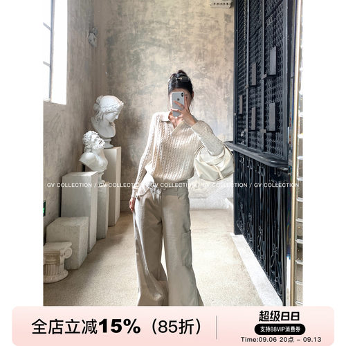 羊毛亚麻杂色编织polo领针织上衣