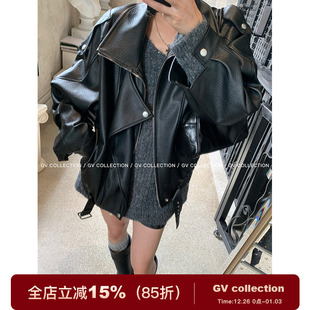GV大白哥 质感J佳翻领廓形皮衣街头风简约外套上衣女 独线匠心