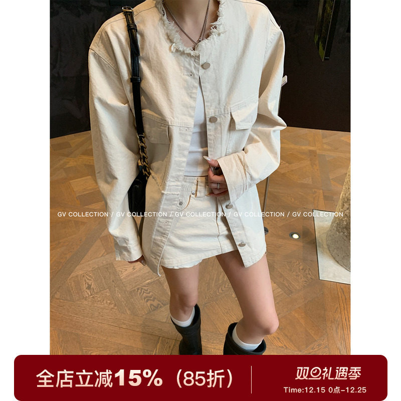 水洗牛仔撕破外套上衣半裙套装