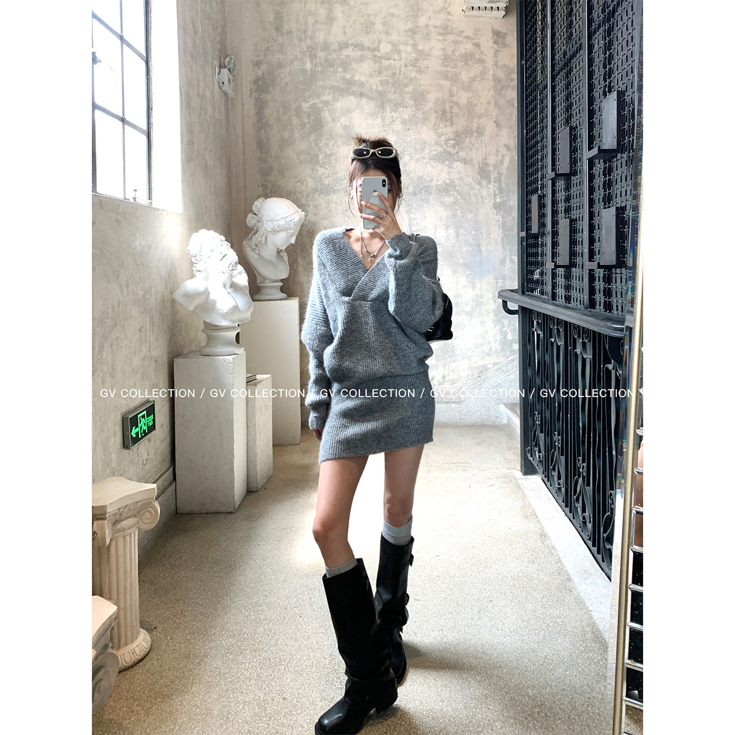 GV大白哥 美式时髦度 V领收腰含羊毛包臀连衣裙冬季新款裙子女