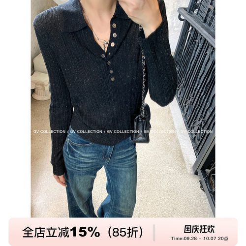 混色polo领针织坑条纽扣上衣