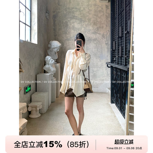 百褶系带收腰不规则下摆衬衫