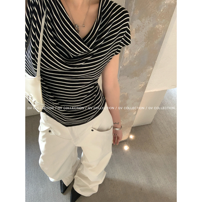 天丝莱赛尔荡领短袖松弛条纹上衣