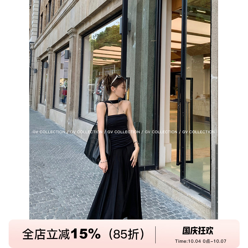 GV大白哥 J简气质 设计感褶皱收腰挂脖飘带连衣裙垂坠感长裙女